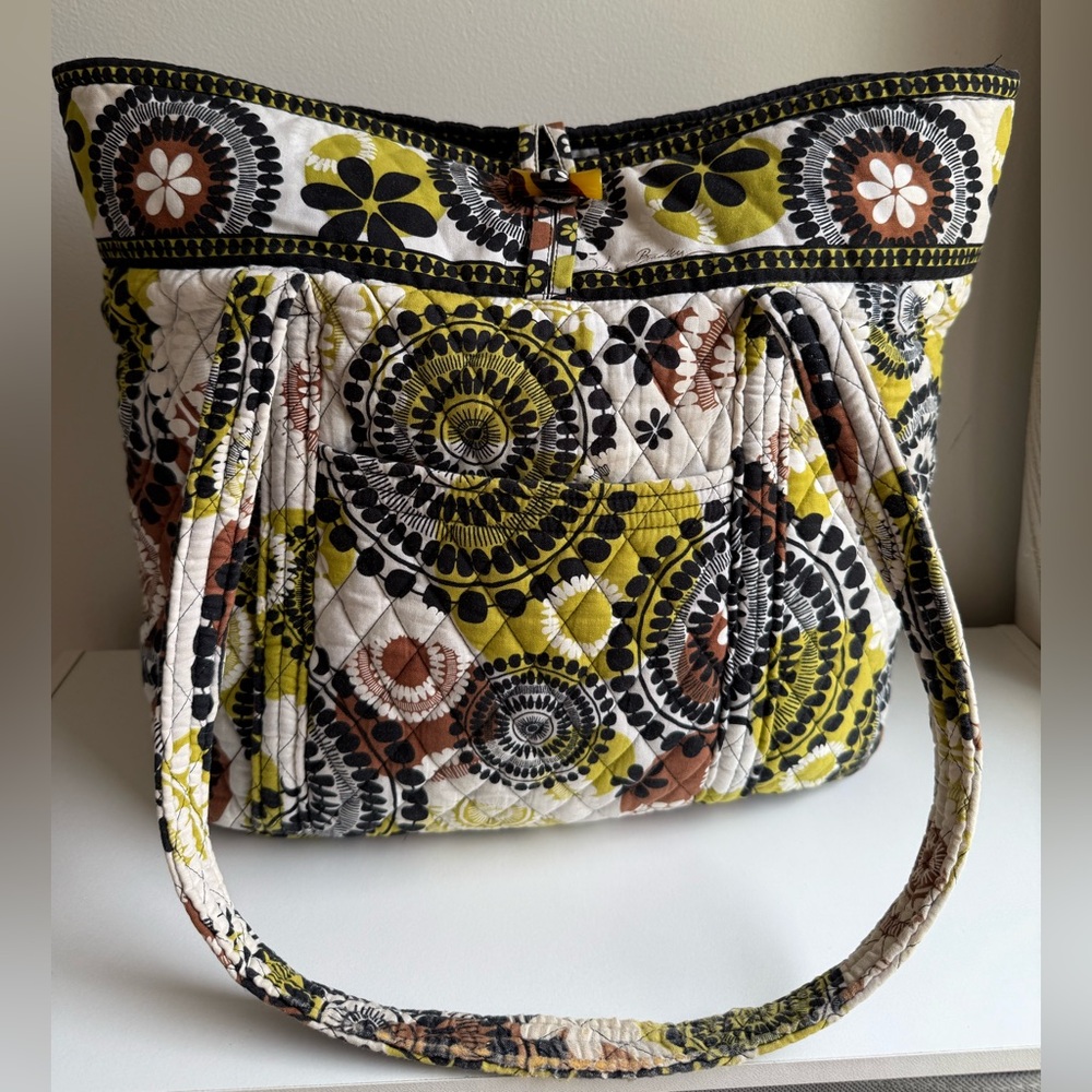 Vera Bradley Quilted Tote in Black, Brown, and Light Green Floral Pattern